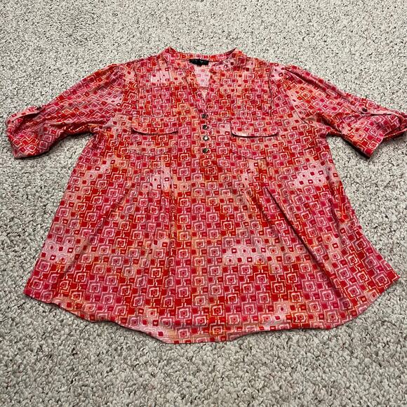 Cocomo Liquid Knit Popover Blouse Sz 1X Pink ORange Geometric Pattern Roll Tab - Picture 1 of 5